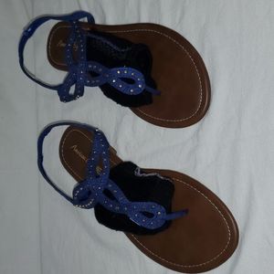 Royal Blue Suede Sandals With Gold Gems .